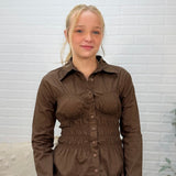 Collared Button Down Shirred Long Sleeve Top