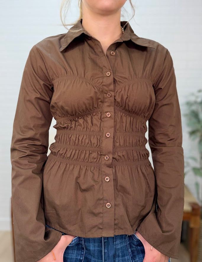 Collared Button Down Shirred Long Sleeve Top