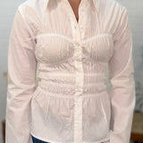 Collared Button Down Shirred Long Sleeve Top
