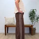 Side Lace Trim Cotton Denim Wide Leg Pull On Pants