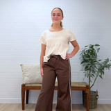 Side Lace Trim Cotton Denim Wide Leg Pull On Pants