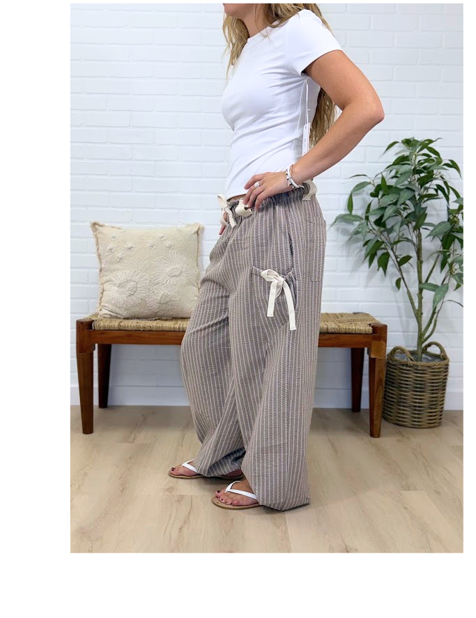 Bow Detail Stripe Textured Woven Pants