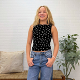 Polka Dot Boat Neck Sleeveless Mesh Knit Top