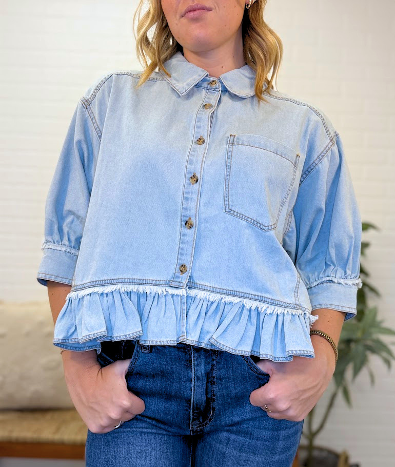 Washed Denim Ruffled Hem Button Up Shirt