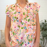 V Neck Ruffled Sleeve Detail Top