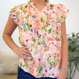 V Neck Ruffled Sleeve Detail Top