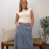Washed Denim Tiered Long Skirt With Black Elastic Waist Band And Pockets