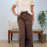 Side Lace Trim Cotton Denim Wide Leg Pull On Pants